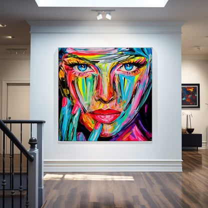 Vibrant Abstract Portrait of a Woman with Blue Eyes and Colorful Expression