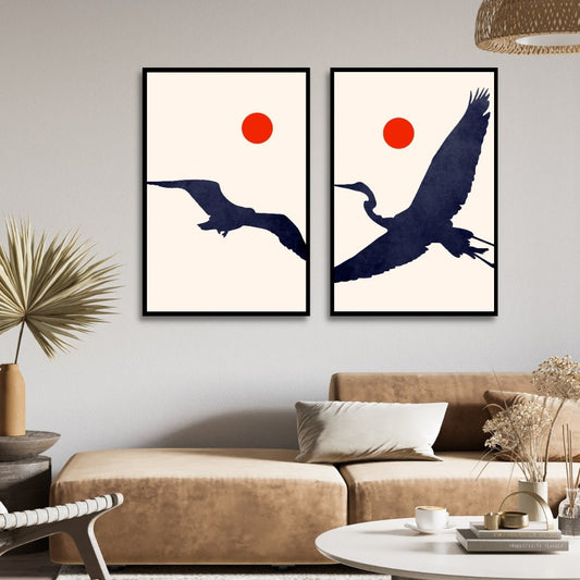 Serene Moonlit Scene with Flying Birds - Modern Abstract Oil Painting