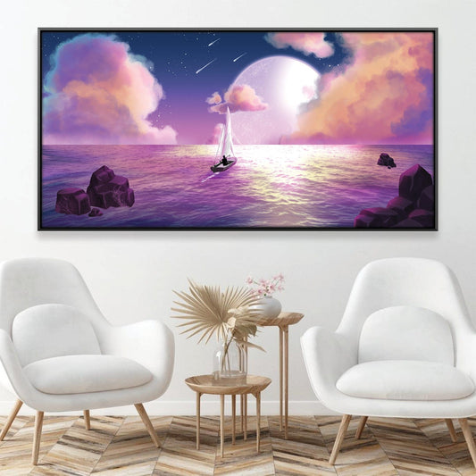 Serene Moonlit Sailing Scene - Dreamy Ocean Oil Painting for Modern Decor