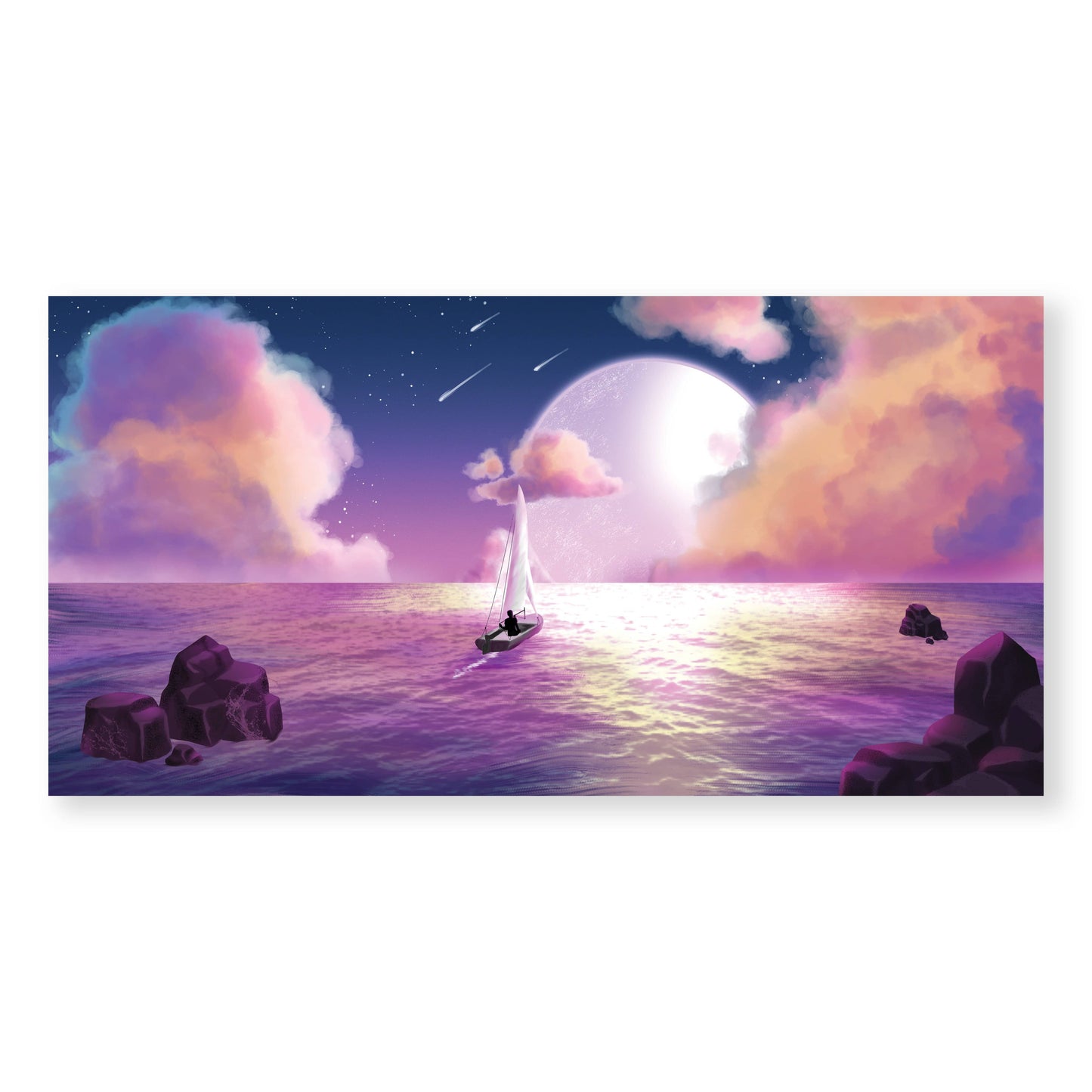 Serene Moonlit Sailing Scene - Dreamy Ocean Oil Painting for Modern Decor