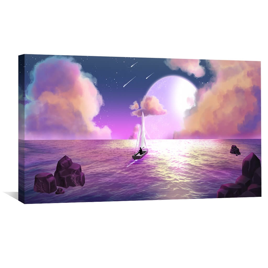 Serene Moonlit Sailing Scene - Dreamy Ocean Oil Painting for Modern Decor