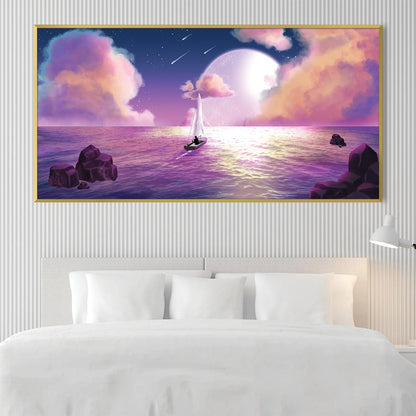 Serene Moonlit Sailing Scene - Dreamy Ocean Oil Painting for Modern Decor