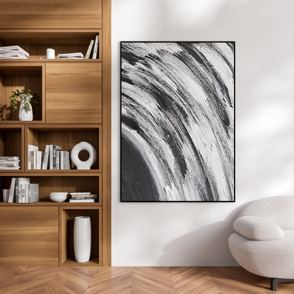 Expressive Abstract Waves in Black and White Oil Painting for Modern Spaces