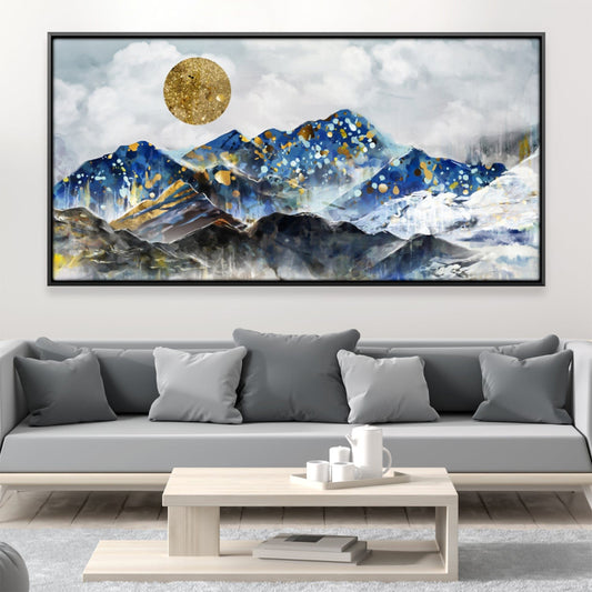 Majestic Mountain Landscape Oil Painting with Vibrant Gold Accents