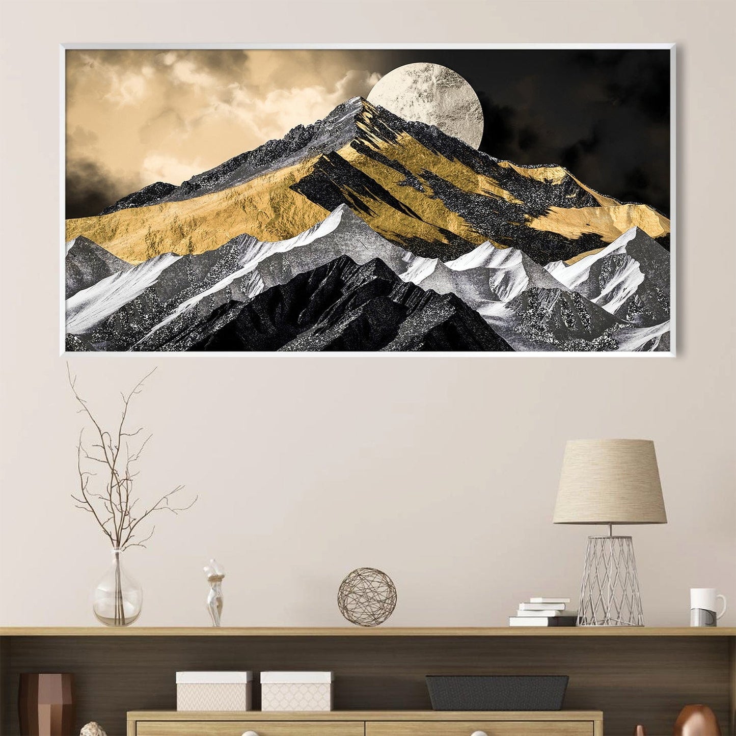 Stunning Mountain Landscape with Moonlit Eclipse Oil Painting