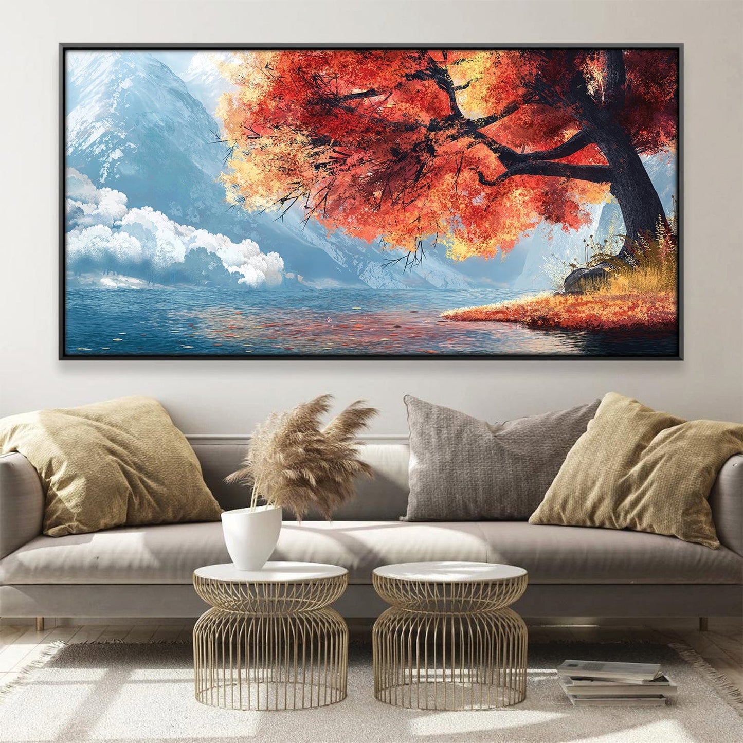 Vibrant Autumn Tree by Serene Mountain Lake - Stunning Oil Painting for Home Decor