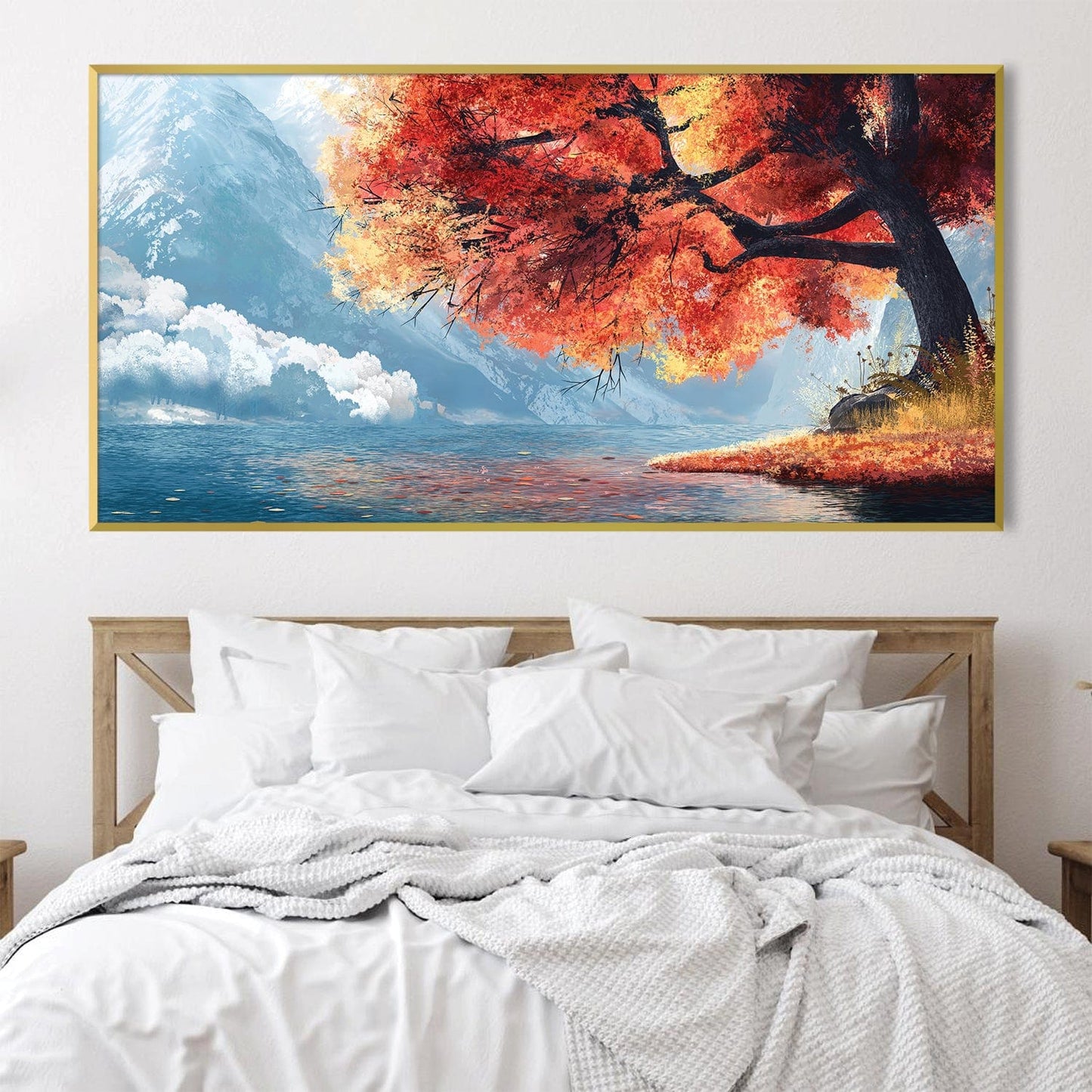 Vibrant Autumn Tree by Serene Mountain Lake - Stunning Oil Painting for Home Decor