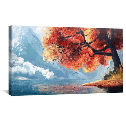 Vibrant Autumn Tree by Serene Mountain Lake - Stunning Oil Painting for Home Decor