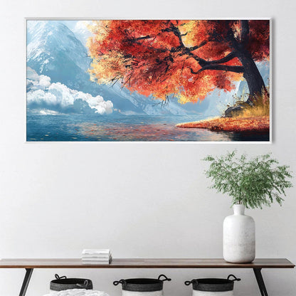 Vibrant Autumn Tree by Serene Mountain Lake - Stunning Oil Painting for Home Decor