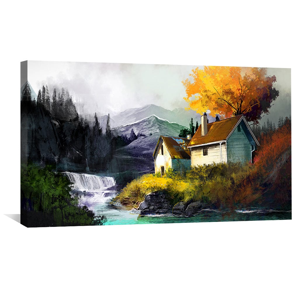 Serene Mountain Retreat with Cascading Waterfall and Autumn Splendor