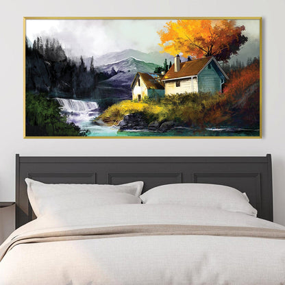 Serene Mountain Retreat with Cascading Waterfall and Autumn Splendor