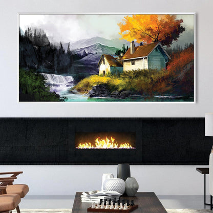 Serene Mountain Retreat with Cascading Waterfall and Autumn Splendor