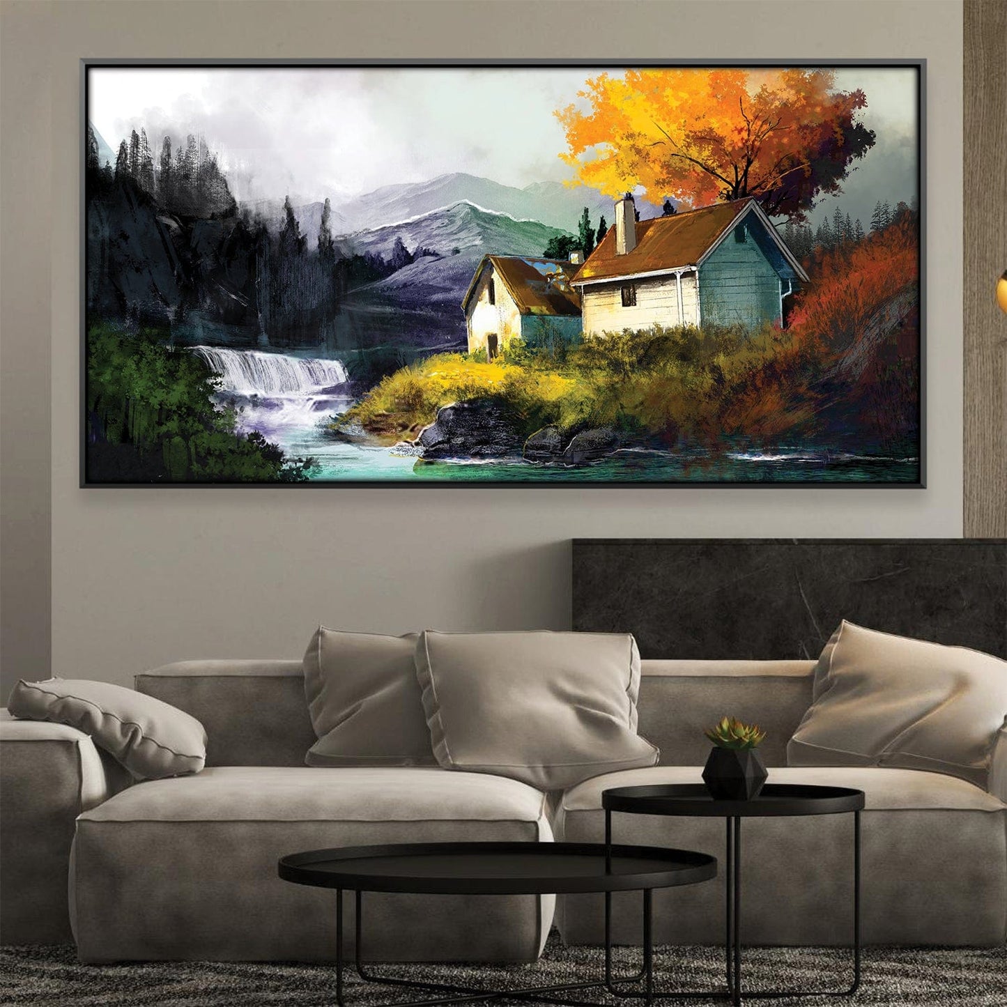 Serene Mountain Retreat with Cascading Waterfall and Autumn Splendor