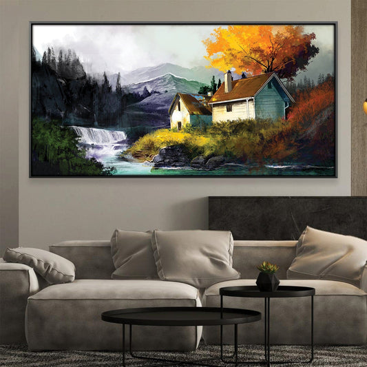 Serene Mountain Retreat with Cascading Waterfall and Autumn Splendor