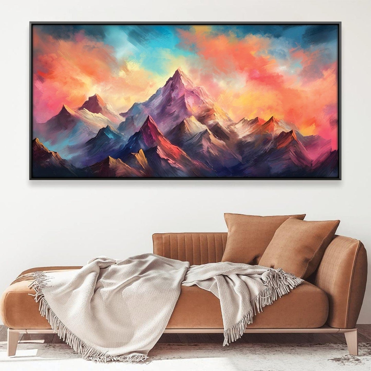 Vibrant Mountain Landscape Oil Painting with Colorful Sky and Majestic Peaks