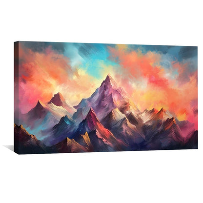 Vibrant Mountain Landscape Oil Painting with Colorful Sky and Majestic Peaks