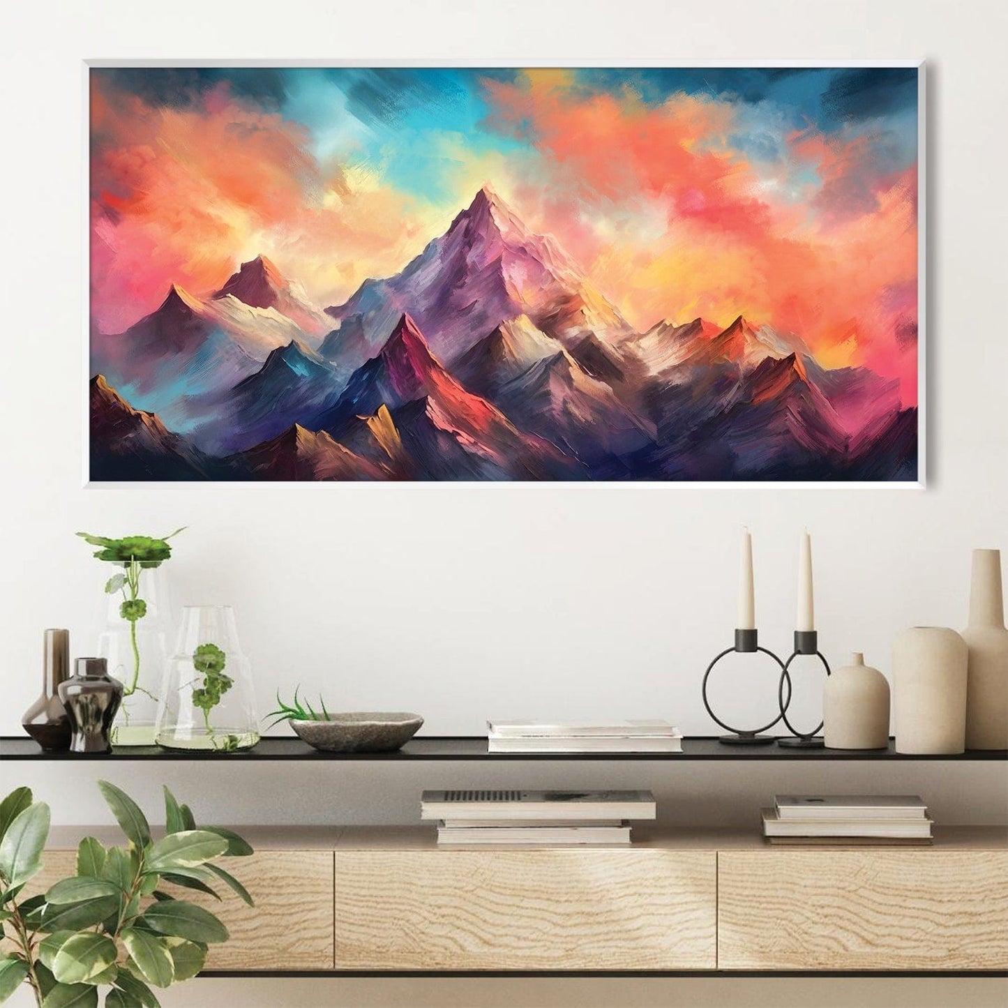 Vibrant Mountain Landscape Oil Painting with Colorful Sky and Majestic Peaks