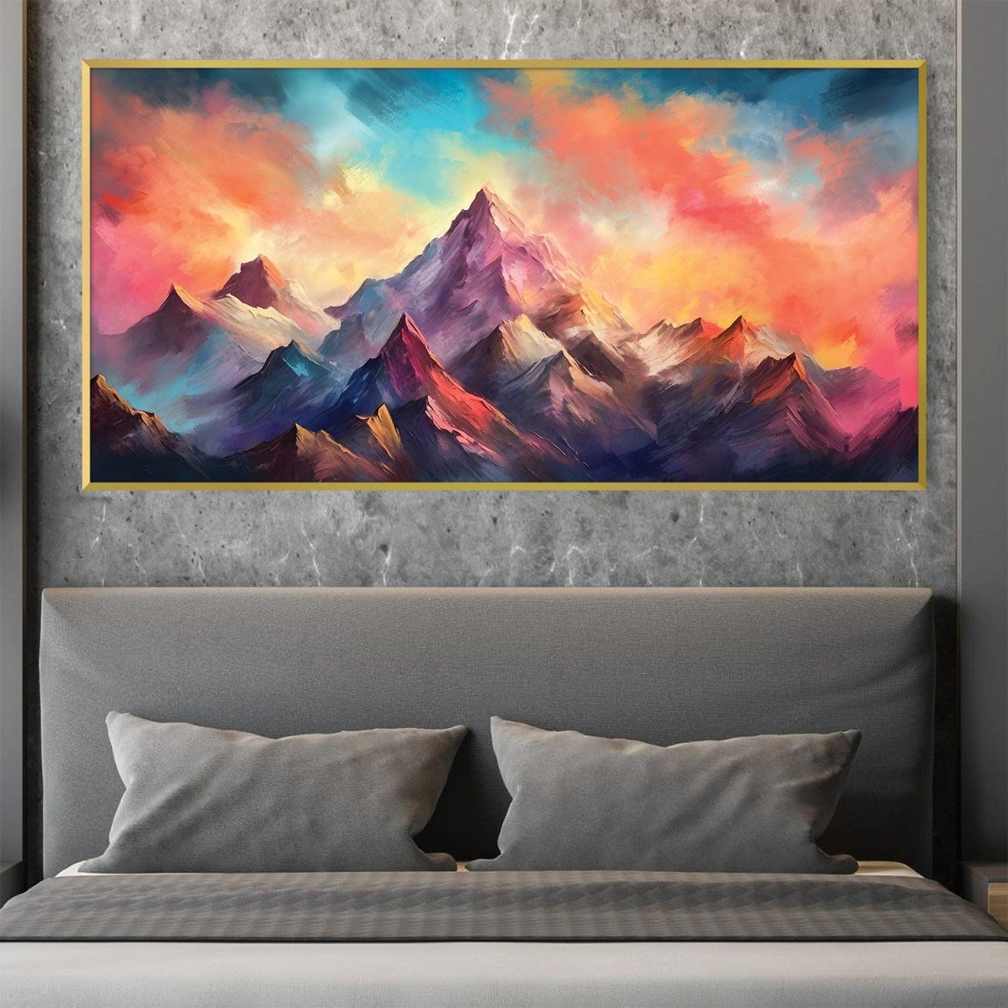 Vibrant Mountain Landscape Oil Painting with Colorful Sky and Majestic Peaks