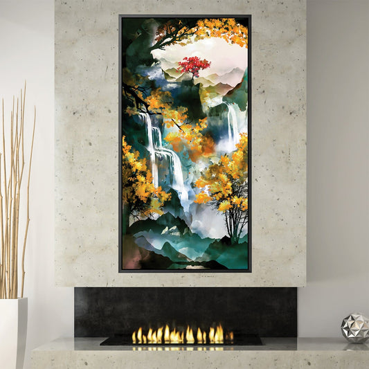 Enchanting Waterfall Landscape Oil Painting with Vibrant Autumn Colors