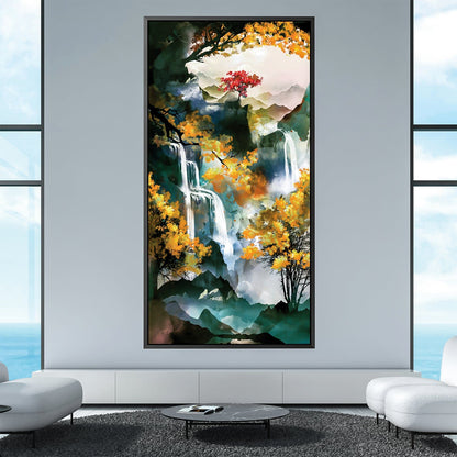 Enchanting Waterfall Landscape Oil Painting with Vibrant Autumn Colors