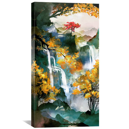 Enchanting Waterfall Landscape Oil Painting with Vibrant Autumn Colors