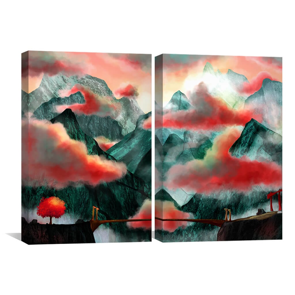 Enchanting Mountain Landscape Oil Painting with Vibrant Clouds and Serenity