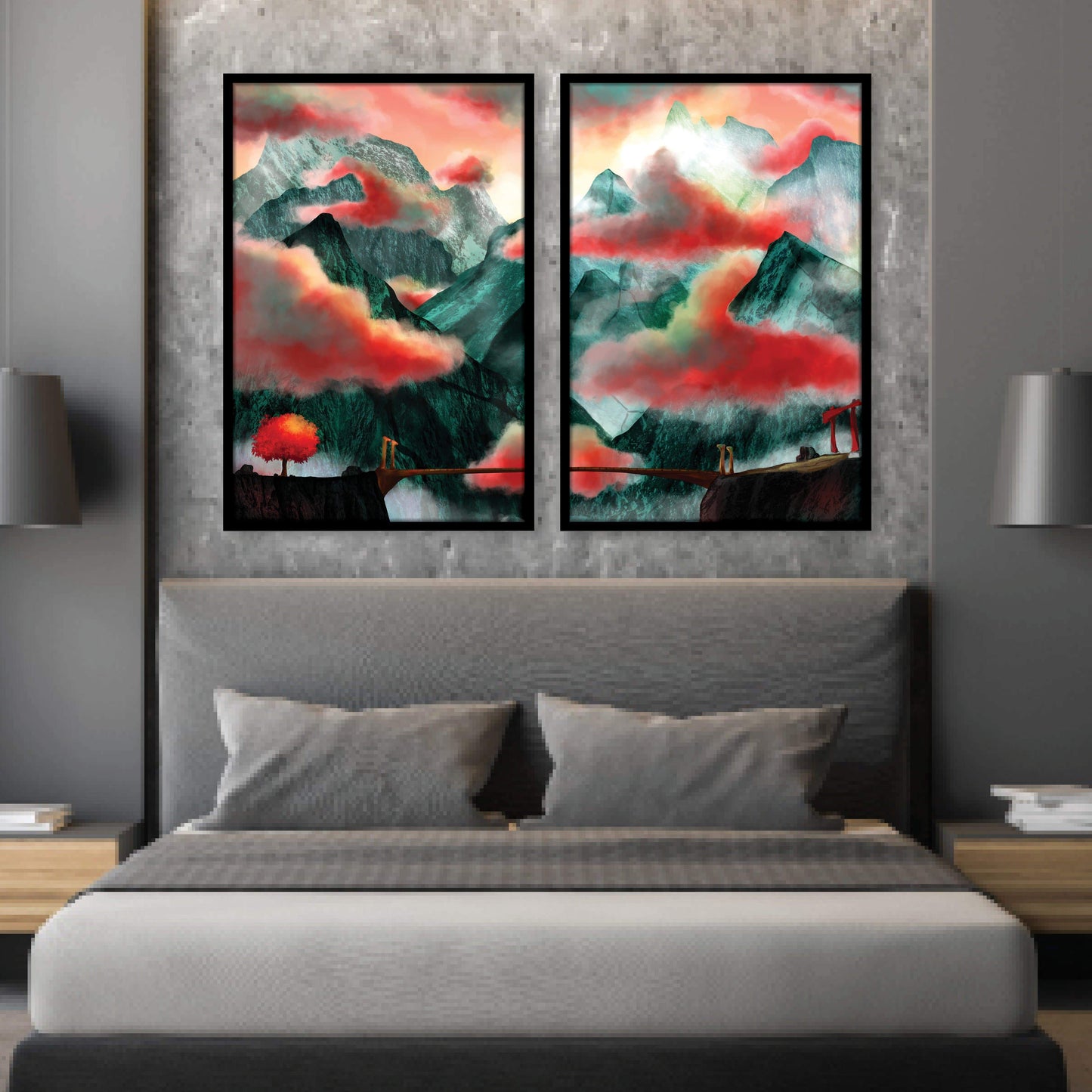 Enchanting Mountain Landscape Oil Painting with Vibrant Clouds and Serenity