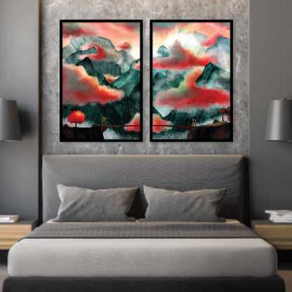 Enchanting Mountain Landscape Oil Painting with Vibrant Clouds and Serenity