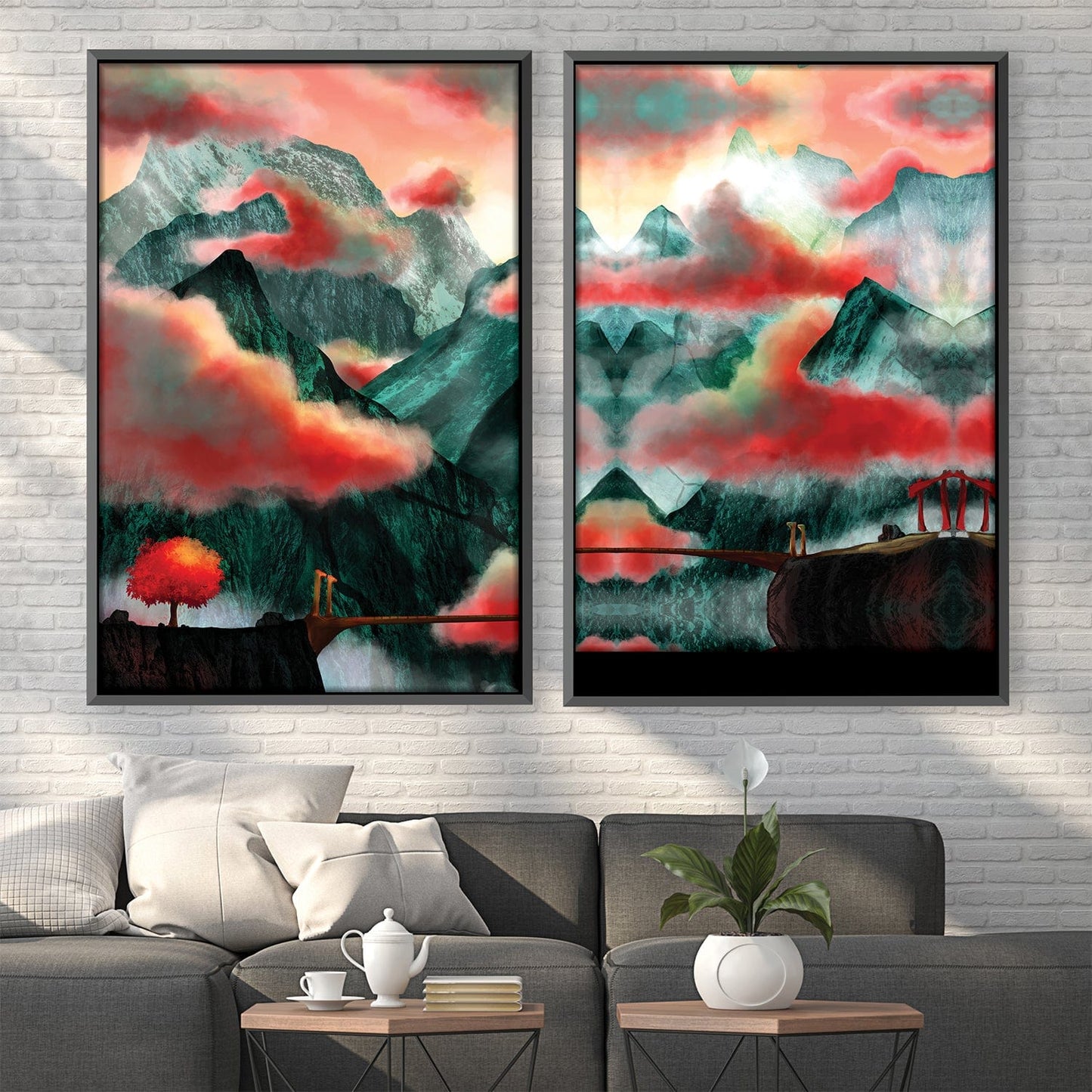 Enchanting Mountain Landscape Oil Painting with Vibrant Clouds and Serenity