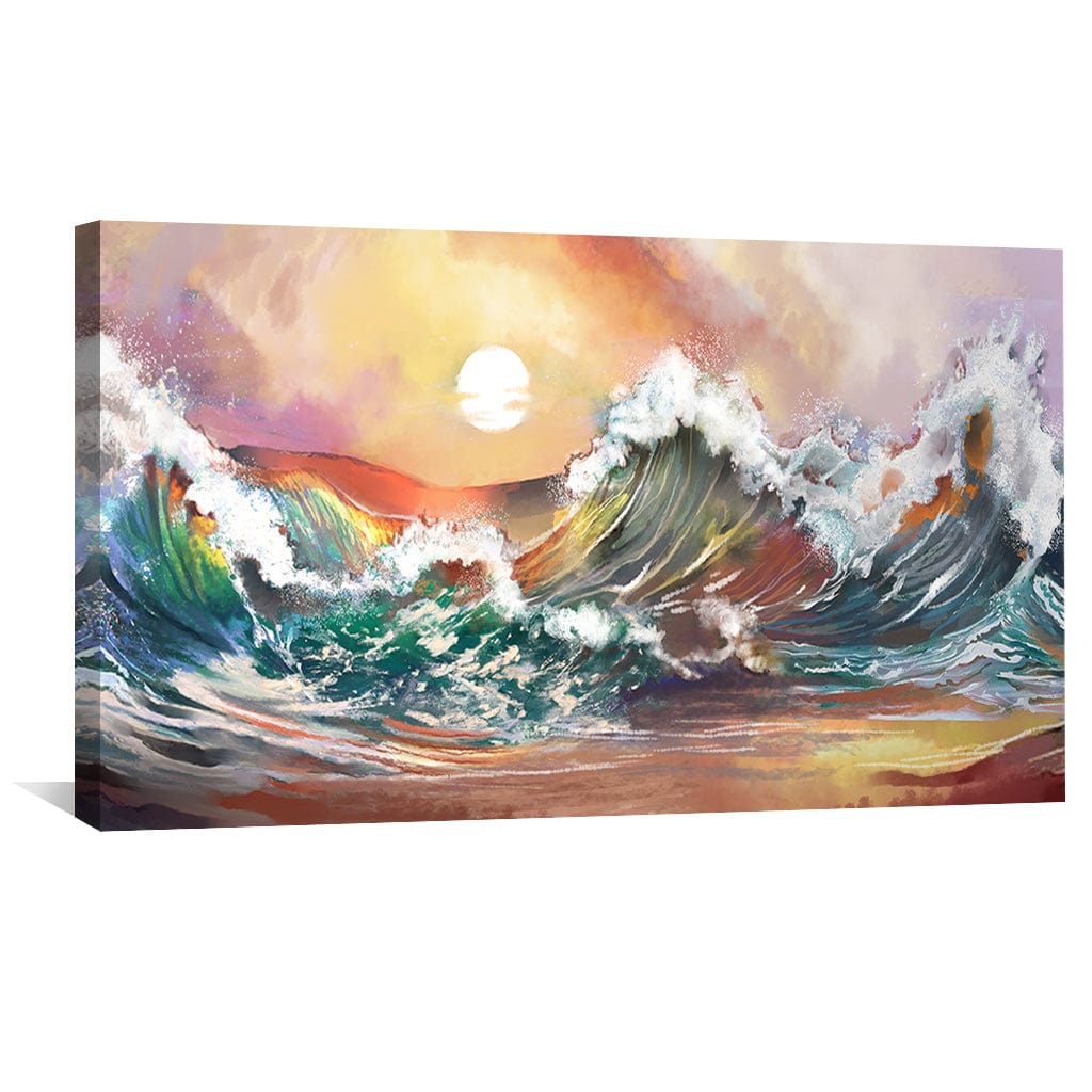 Vibrant Ocean Waves Sunset Oil Painting for Coastal Home Decor