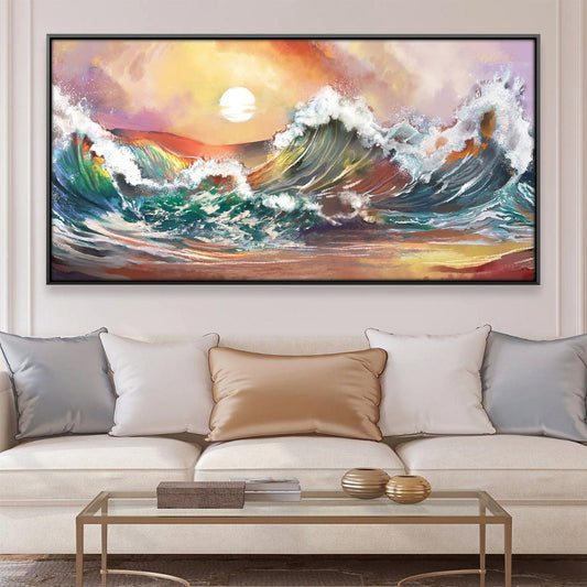 Vibrant Ocean Waves Sunset Oil Painting for Coastal Home Decor