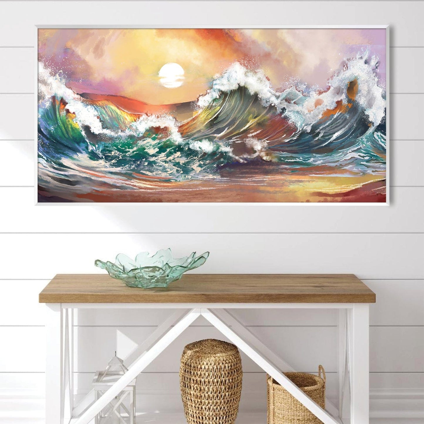 Vibrant Ocean Waves Sunset Oil Painting for Coastal Home Decor