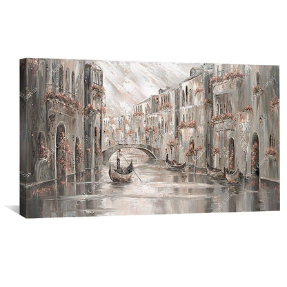 Charming Venice Canal Oil Painting with Gondolas and Flower-adorned Balconies