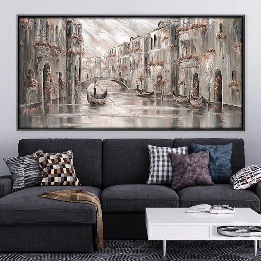 Charming Venice Canal Oil Painting with Gondolas and Flower-adorned Balconies