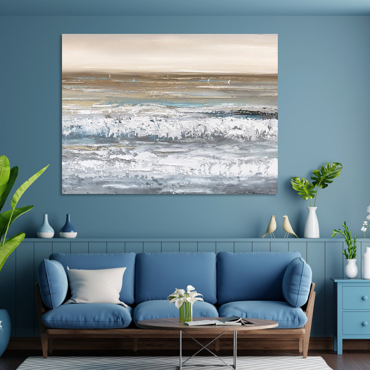 Serene Coastal Waves - Abstract Oil Painting for Tranquil Home Decor