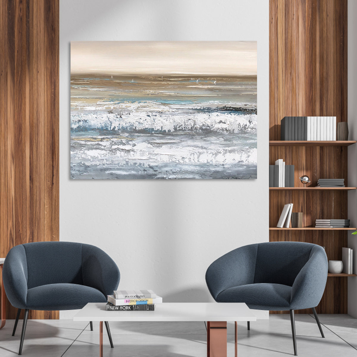 Serene Coastal Waves - Abstract Oil Painting for Tranquil Home Decor