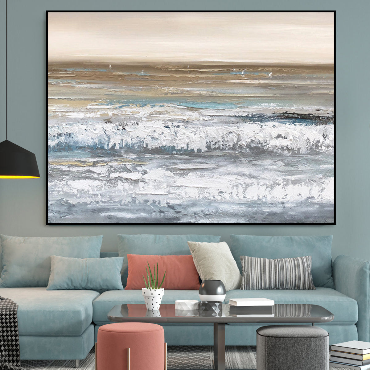 Serene Coastal Waves - Abstract Oil Painting for Tranquil Home Decor
