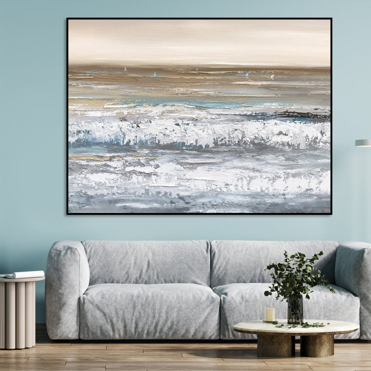 Serene Coastal Waves - Abstract Oil Painting for Tranquil Home Decor