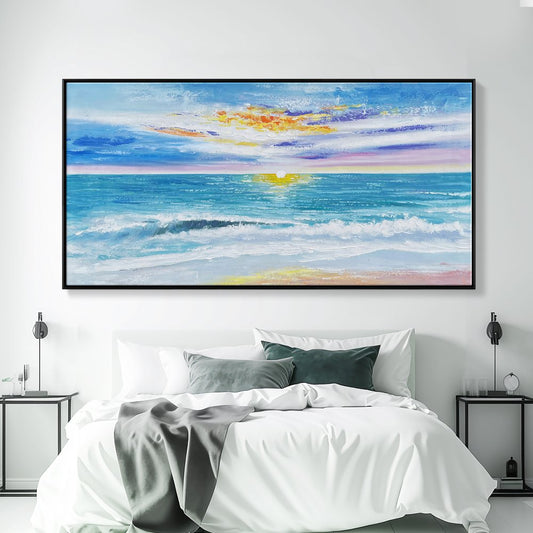 Serene Coastal Sunset: Vibrant Ocean Waves and Colorful Sky Oil Painting
