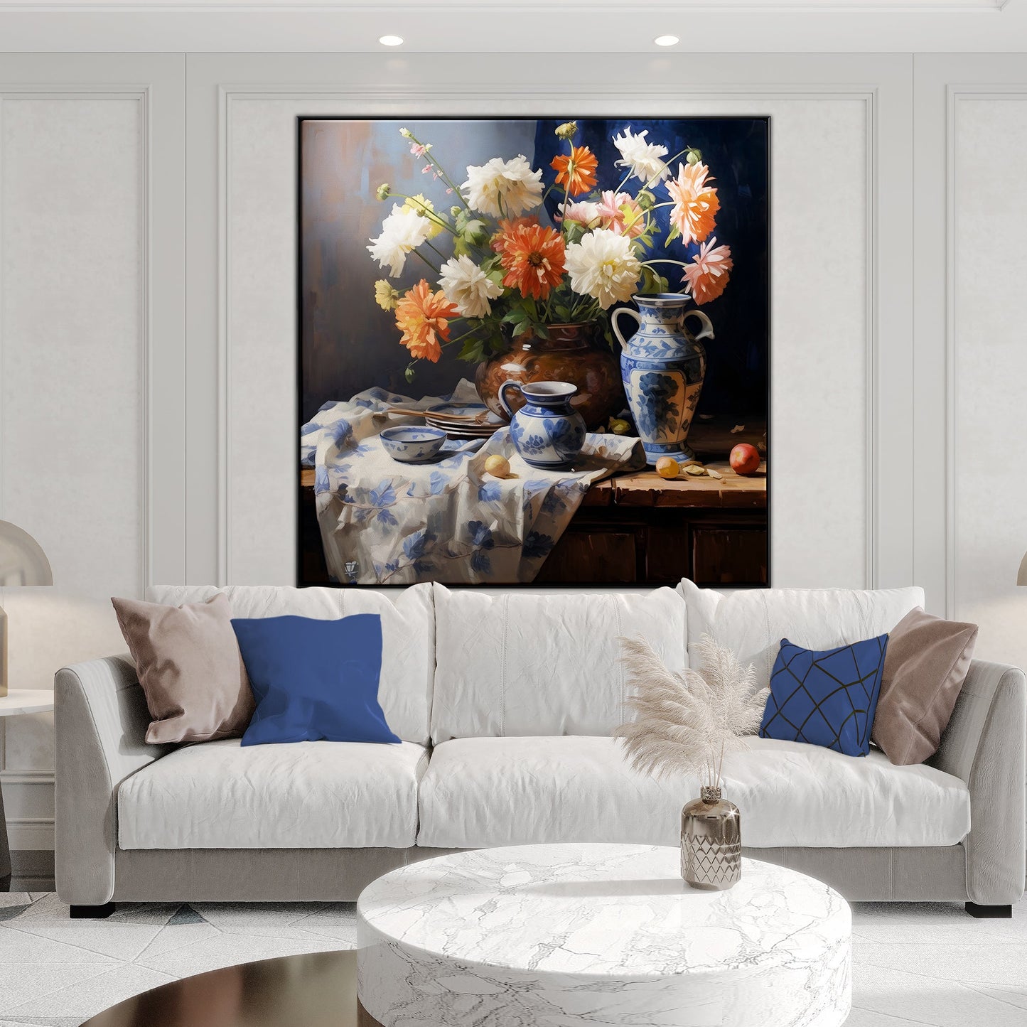 Vibrant Dutch Still Life with Flowers and Blue China Decorative Accents