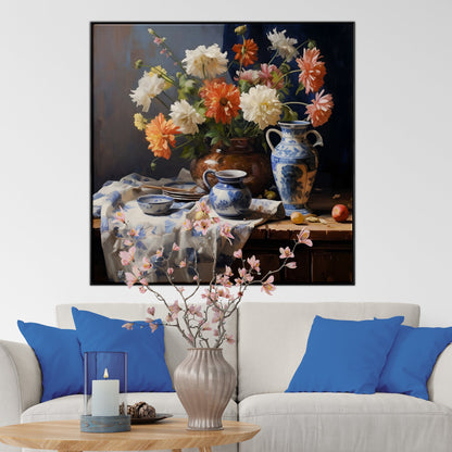 Vibrant Dutch Still Life with Flowers and Blue China Decorative Accents