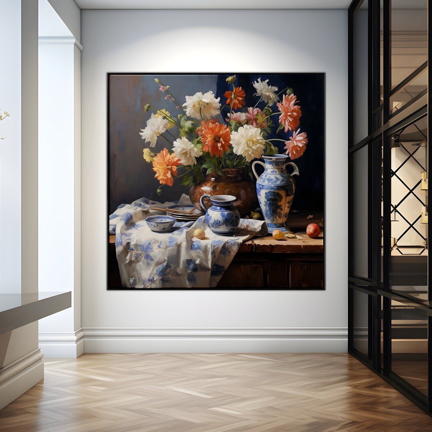 Vibrant Dutch Still Life with Flowers and Blue China Decorative Accents
