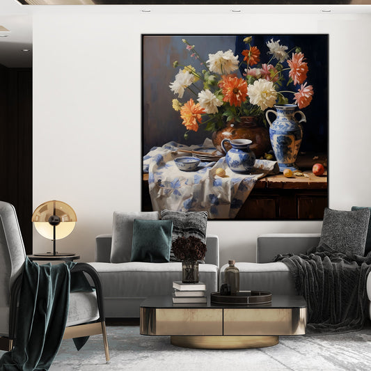 Vibrant Dutch Still Life with Flowers and Blue China Decorative Accents