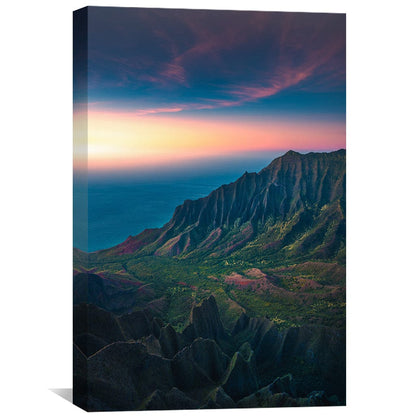 Tranquil Hawaiian Landscape Oil Painting of Na Pali Coast at Dusk