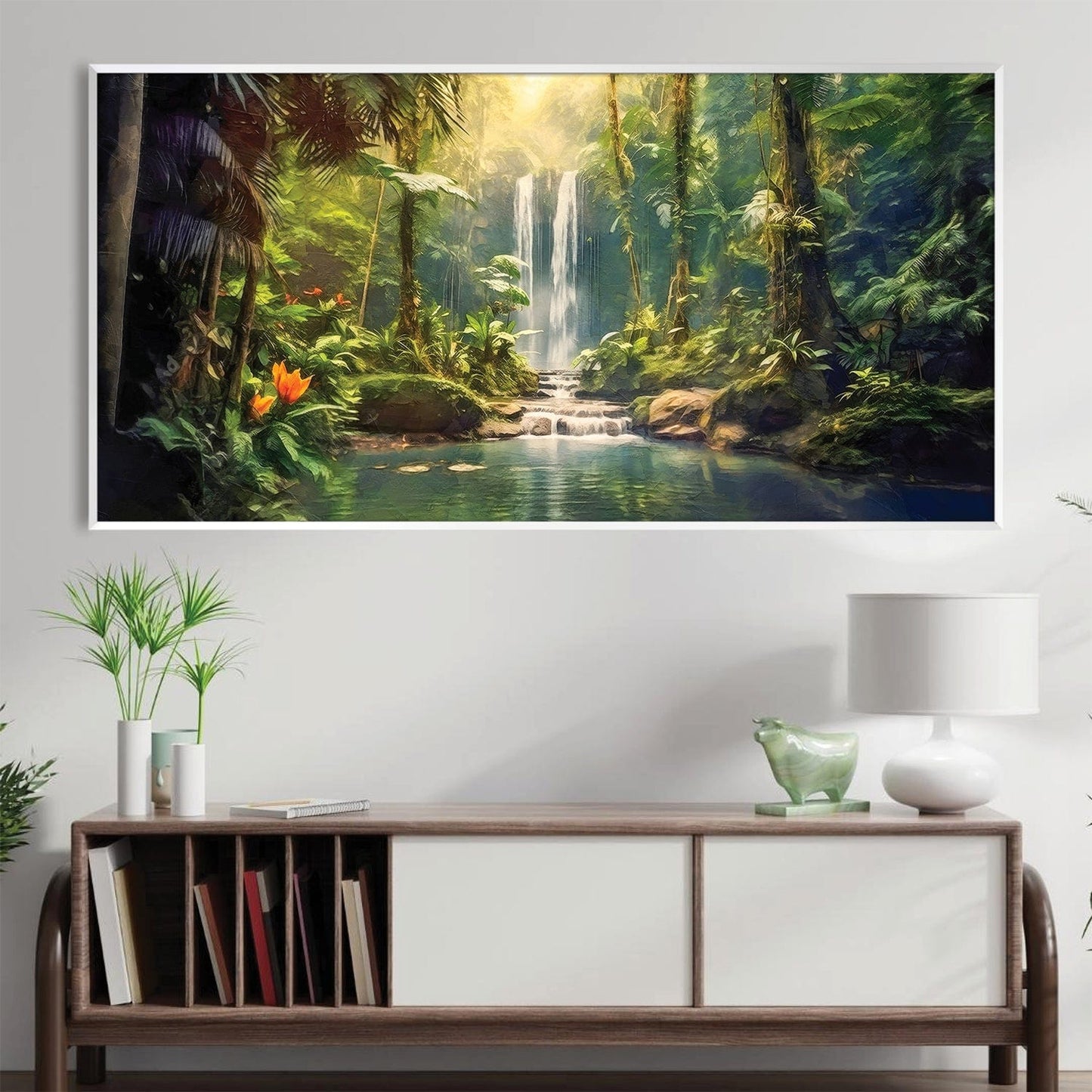Lush Waterfall Landscape Oil Painting for Serene Home Decor