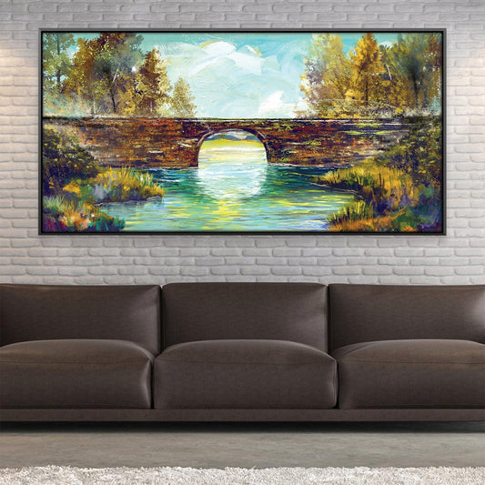 Serene Landscape Oil Painting with Bridge and Tranquil Waters