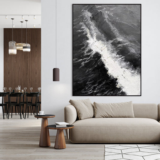 Monochrome Ocean Waves: Elegant Abstract Oil Painting for Modern Decor