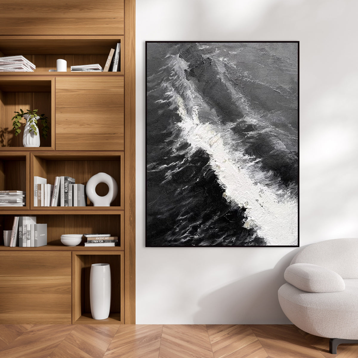 Monochrome Ocean Waves: Elegant Abstract Oil Painting for Modern Decor