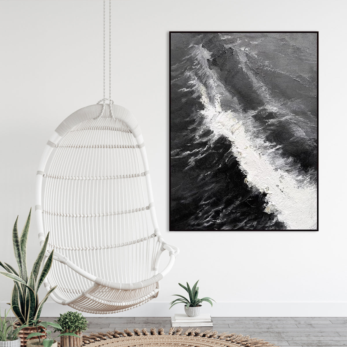 Monochrome Ocean Waves: Elegant Abstract Oil Painting for Modern Decor