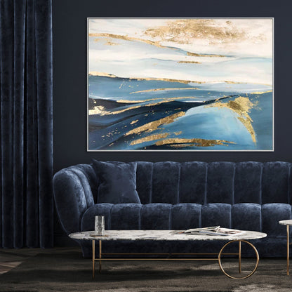 Serene Blue Waves with Gold Accents - Inspiring Oil Painting for Modern Home Decor